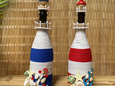 Ngọn hải đăng chai thuỷ tinh Handmade đính sò ốc [Thủ công - Sò ốc thật] C35cm CHAILO-HM-07